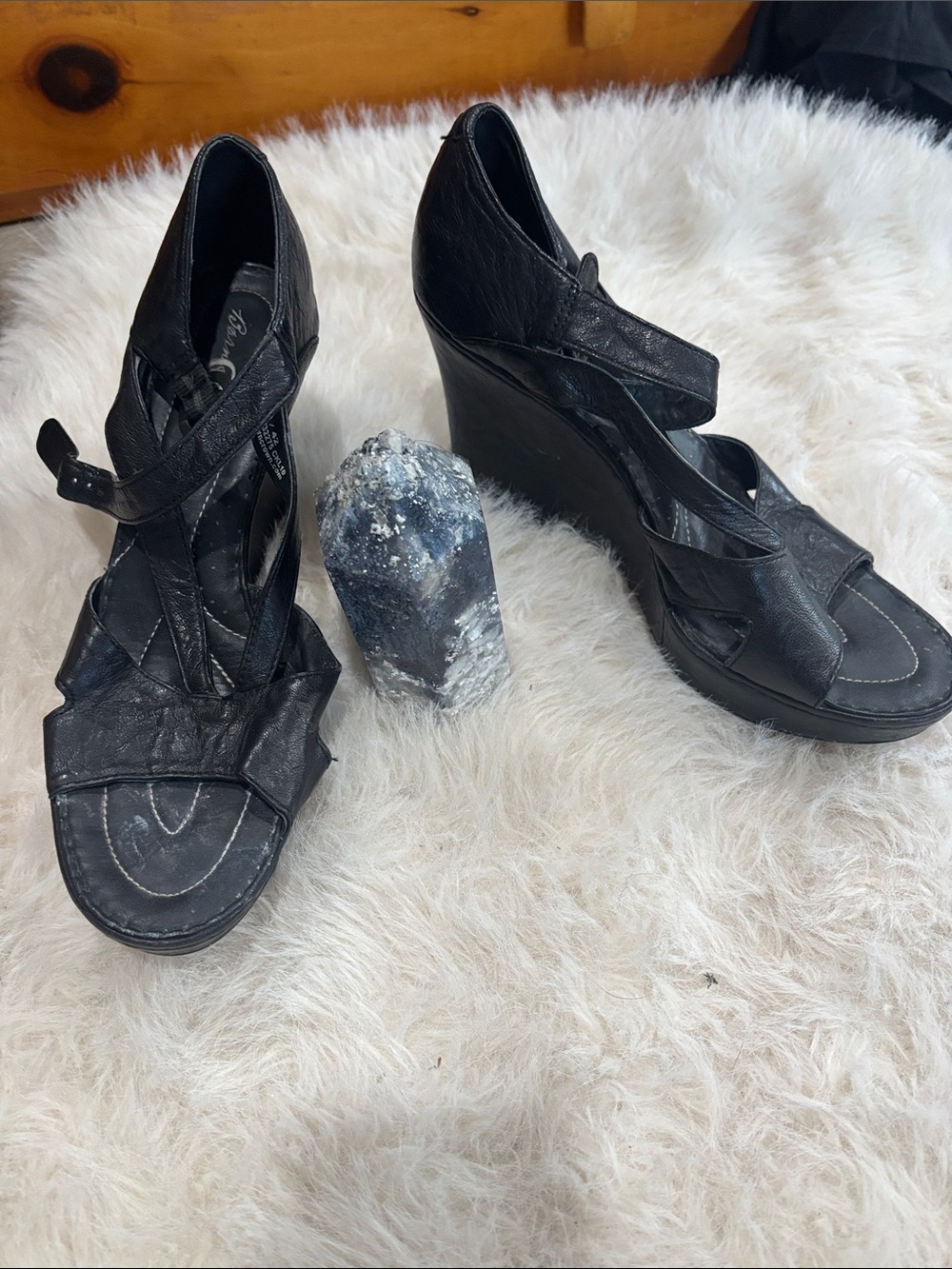 Born Black Leather Strappy Wedge Sandals